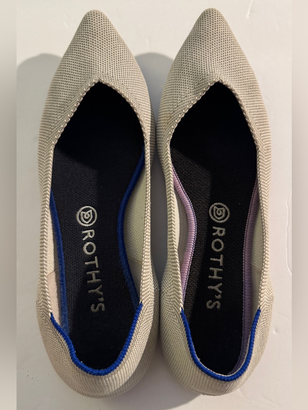 Rothy's Pointed Toe Knit Flats in Light Beige with Blue Trim
